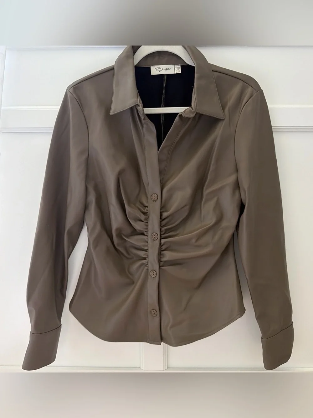 RD Style Taupe Ruched Button-Down leather like Shirt